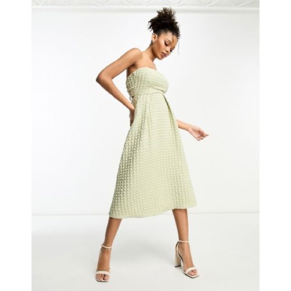 asos textured bandeau cut out back with tie detail midi skater dress